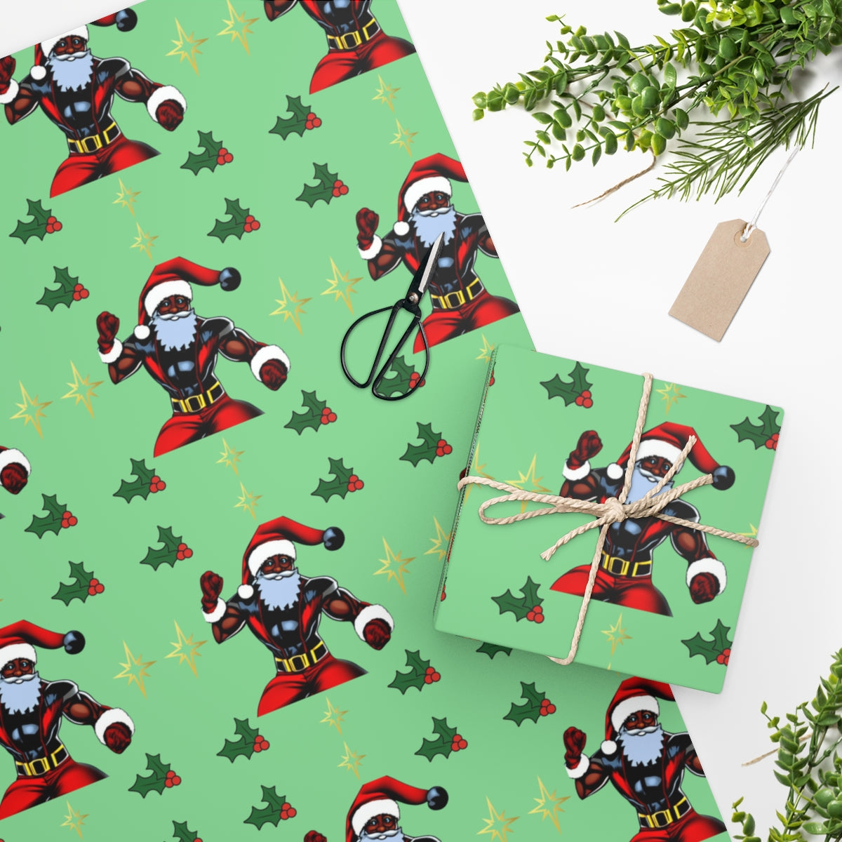 Black Santa Superhero Wrapping Paper